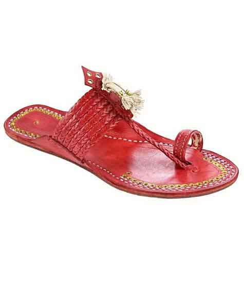 Outstanding Designer’S Six Braided Cherry Red Golden Rivets Ladies Kolhapuri Chappal