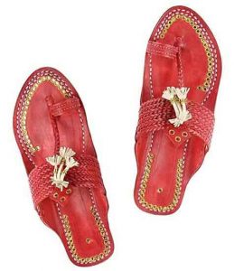 Outstanding Designer’S Six Braided Cherry Red Golden Rivets Ladies Kolhapuri Chappal