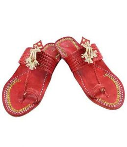 Outstanding Designer’S Six Braided Cherry Red Golden Rivets Ladies Kolhapuri Chappal