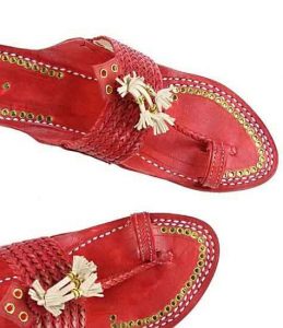 Outstanding Designer’S Six Braided Cherry Red Golden Rivets Ladies Kolhapuri Chappal