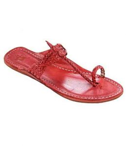 Remarkable Cherry Red Four Cross Braided Flat Heel Ladies Kolhapuri Chappal