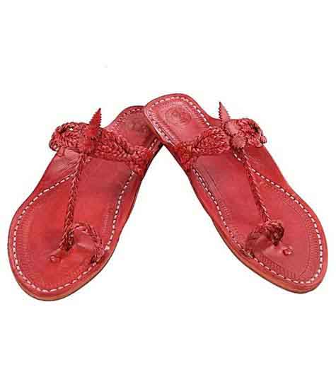 Remarkable Cherry Red Four Cross Braided Flat Heel Ladies Kolhapuri Chappal