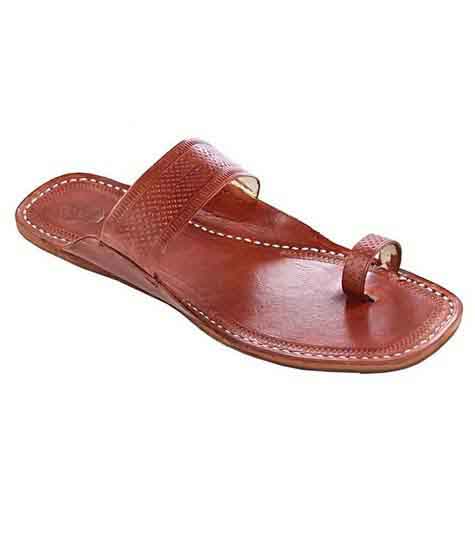 Awesome Red Brown Embossed Straight Belt Kolhapuri Chappal For Women