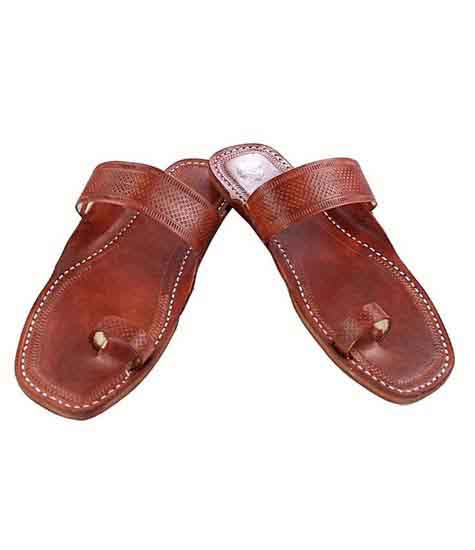 Awesome Red Brown Embossed Straight Belt Kolhapuri Chappal For Women