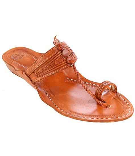 Beautiful Tan Color Fine Braids And Punching Platform Heel Ladies Kolhapuri Chappal