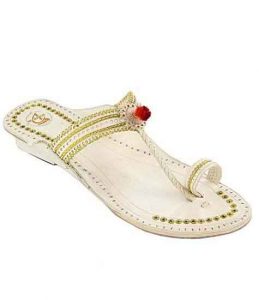 Marvelous Designer’S Golden Jari And Punching Design High Heel Ladies Kolhapuri Chappal