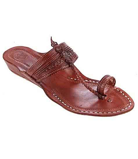 Lovely Red Brown Fine Braids And Punching Platform Heel Ladies Kolhapuri Chappal