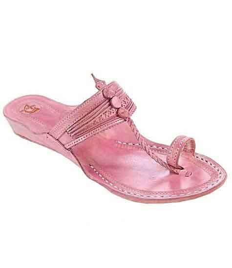 Good-Looking Baby Pink Fine Braids And Punching Platform Heel Ladies Kolhapuri Chappal