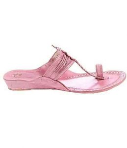 Good-Looking Baby Pink Fine Braids And Punching Platform Heel Ladies Kolhapuri Chappal