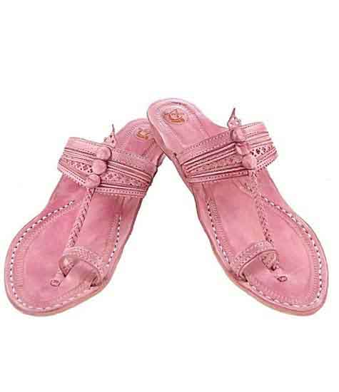 Good-Looking Baby Pink Fine Braids And Punching Platform Heel Ladies Kolhapuri Chappal