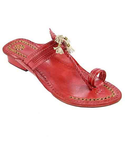 Outstanding Designer’S High Heel Cherry Red Fine Braids Golden Rivets Ladies Kolhapuri Chappal