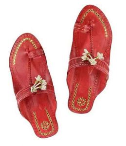 Outstanding Designer’S High Heel Cherry Red Fine Braids Golden Rivets Ladies Kolhapuri Chappal