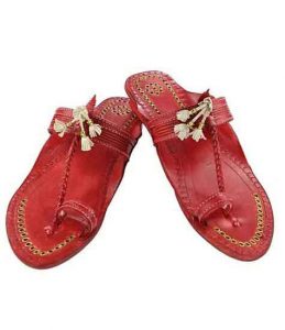 Outstanding Designer’S High Heel Cherry Red Fine Braids Golden Rivets Ladies Kolhapuri Chappal