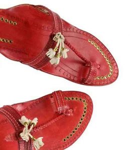 Outstanding Designer’S High Heel Cherry Red Fine Braids Golden Rivets Ladies Kolhapuri Chappal