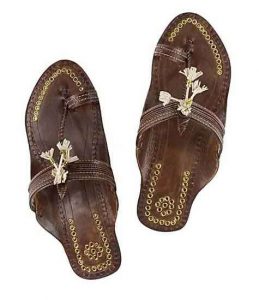 Delightful Designer’S High Heel Brown Fine Braids Golden Rivets Ladies Kolhapuri Chappal