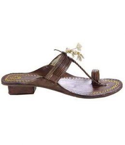 Delightful Designer’S High Heel Brown Fine Braids Golden Rivets Ladies Kolhapuri Chappal