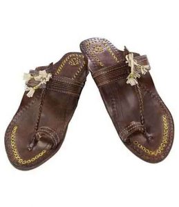 Delightful Designer’S High Heel Brown Fine Braids Golden Rivets Ladies Kolhapuri Chappal