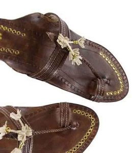 Delightful Designer’S High Heel Brown Fine Braids Golden Rivets Ladies Kolhapuri Chappal