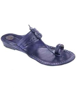 Attractive Dark Blue Fine Braids And Punching Platform Heel Ladies Kolhapuri Chappal