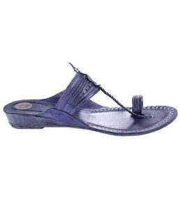 Attractive Dark Blue Fine Braids And Punching Platform Heel Ladies Kolhapuri Chappal