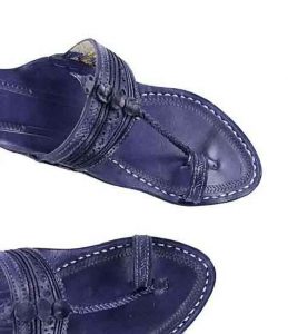 Attractive Dark Blue Fine Braids And Punching Platform Heel Ladies Kolhapuri Chappal