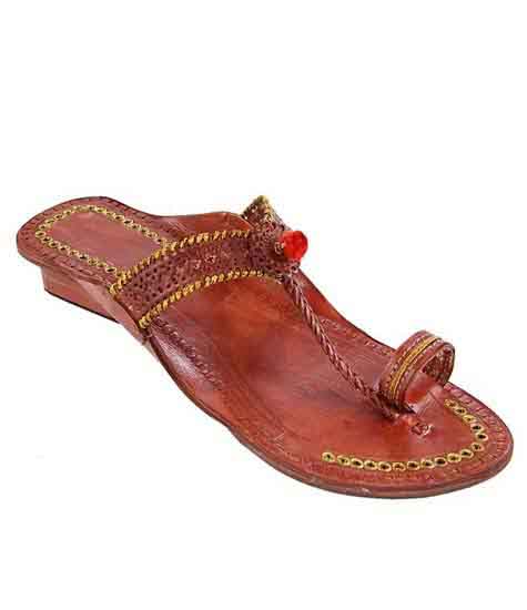 Marvelous Red Brown Designer’S Golden Jari And Punching Design High Heel Ladies Kolhapuri Chappal