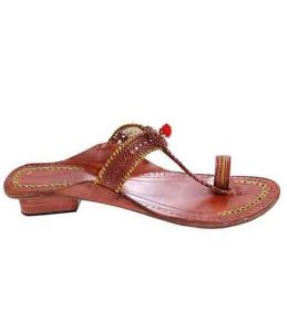 Marvelous Red Brown Designer’S Golden Jari And Punching Design High Heel Ladies Kolhapuri Chappal