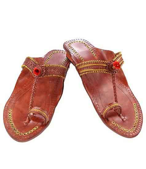 Marvelous Red Brown Designer’S Golden Jari And Punching Design High Heel Ladies Kolhapuri Chappal