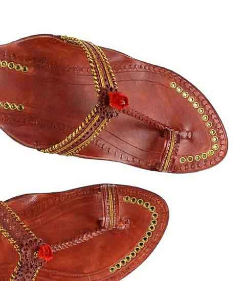 Marvelous Red Brown Designer’S Golden Jari And Punching Design High Heel Ladies Kolhapuri Chappal