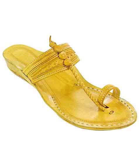 Lovely Yellow Fine Braids And Punching Platform Heel Ladies Kolhapuri Chappal