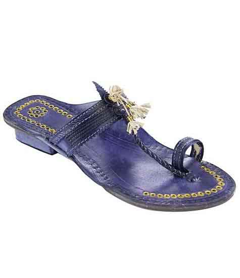 Handsome Designer’S High Heel Dark Blue Fine Braids Golden Rivets Ladies Kolhapuri Chappal