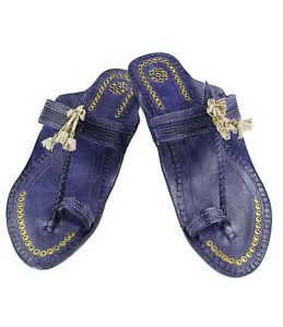 Handsome Designer’S High Heel Dark Blue Fine Braids Golden Rivets Ladies Kolhapuri Chappal