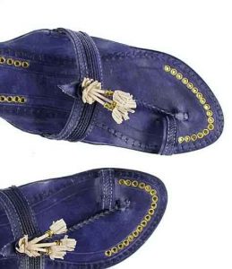 Handsome Designer’S High Heel Dark Blue Fine Braids Golden Rivets Ladies Kolhapuri Chappal