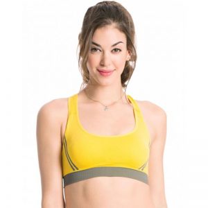 Yellow Cotton Lycra Fitness Padded Stretch Sports Bra