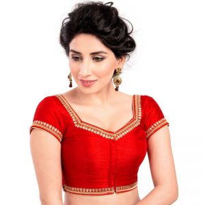 Red Dupion Silk Moti And Stone Work Stitched Blouse