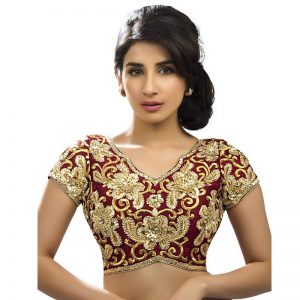 Maroon Dupion Silk Embroidery Readymade Blouse