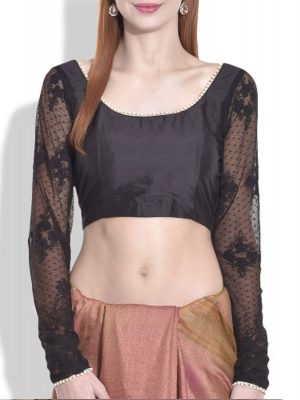 Black Raw Silk Printed Readymade Blouse