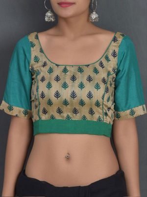 Green Raw Silk Printed Readymade Blouse