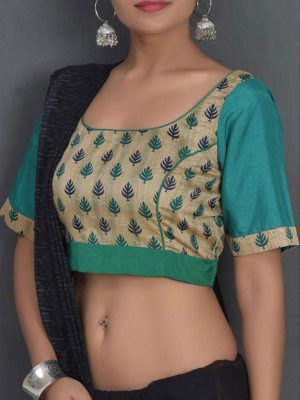 Green Raw Silk Printed Readymade Blouse