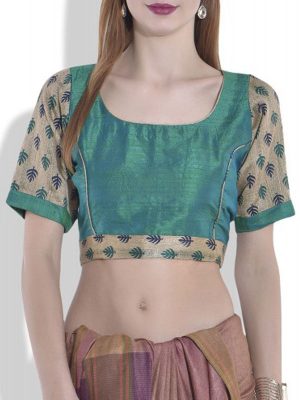 Green Raw Silk Printed Readymade Blouse