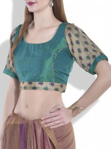 Green Raw Silk Printed Readymade Blouse