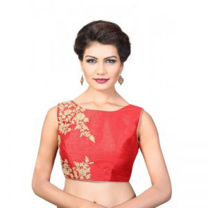 Red Embroidred Dupion Silk Readymade-Blouse