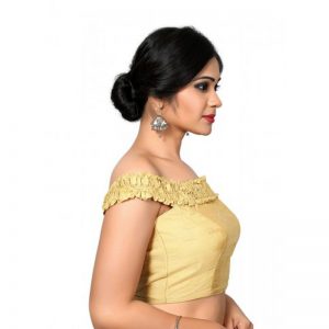 Gold Plain Raw Silk Low Cut Off Shoulder Neck Blouse Readymade-Blouse