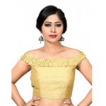 Gold Plain Raw Silk Low Cut Off Shoulder Neck Blouse Readymade-Blouse