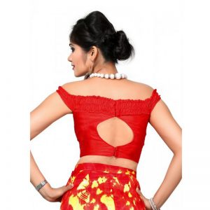 Red Plain Raw Silk Low Cut Off Shoulder Neck Blouse Readymade-Blouse