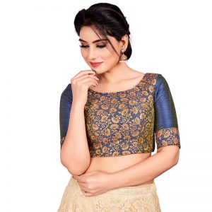Blue Embroidery & Thread Work Brocade Readymade Blouse