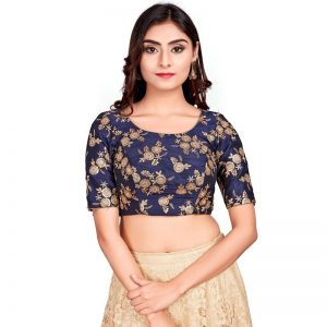 Navy Blue Embroidery & Thread Work Dupion Silk Readymade Blouse