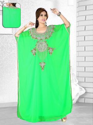 Parrot Green Embroidered Faux Georgette Farasha