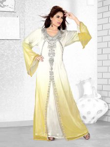 Off White And Yellow Embroidered Faux Georgette Kaftan