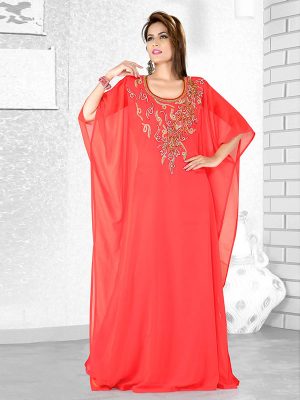 Dark Coral Embroidered Faux Georgette Farasha